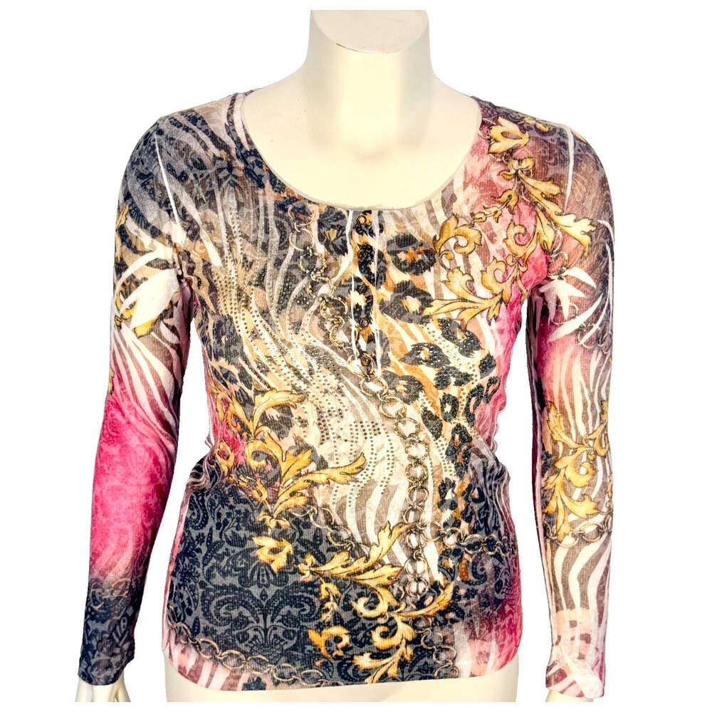 Cache Long Sleeve Tee Shirt Womens M Animal Brocade Beaded Snap Henley Scoop Nek